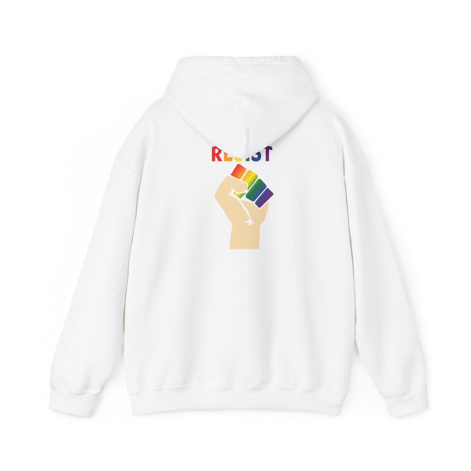 Live Love Be Peace RESIST back design pullover hoodie in rainbow on white