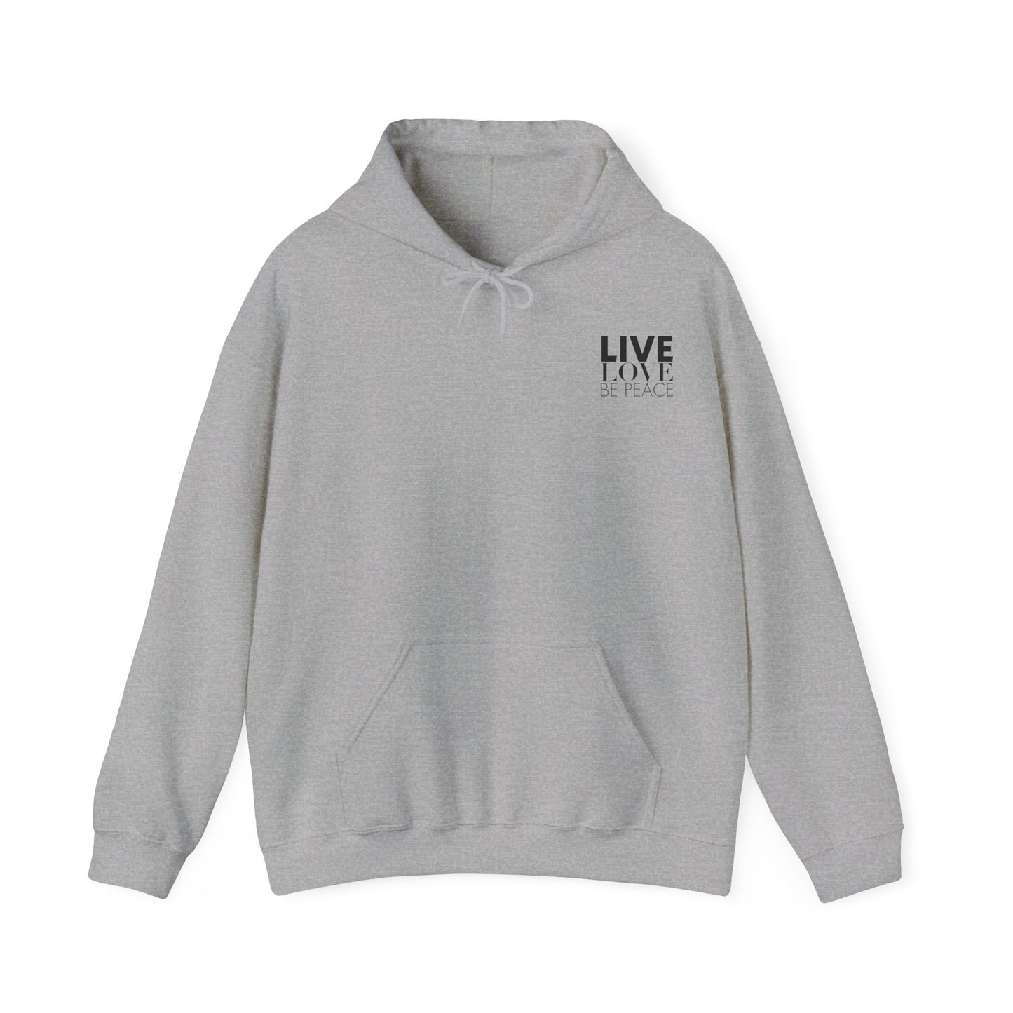 Live Love Be Peace RESIST hoodie with Live Love Be Peace logo on front in black on grey