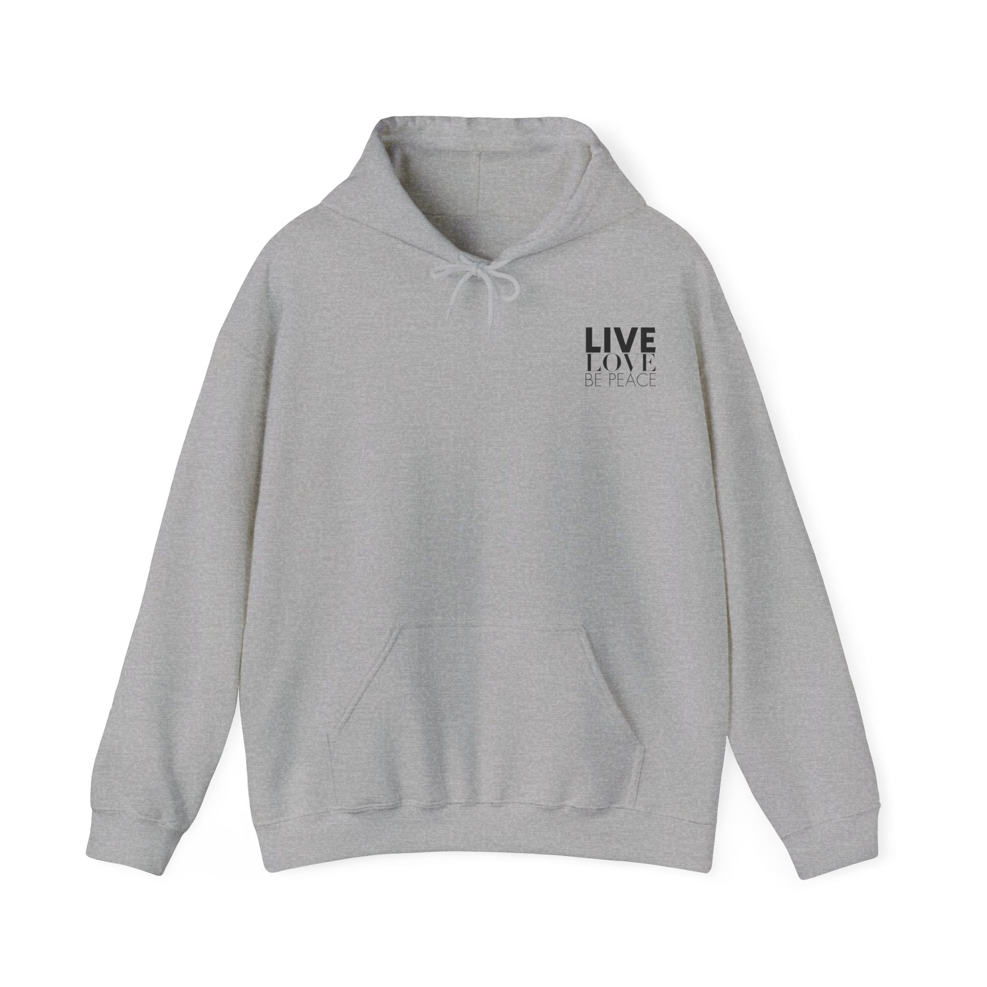 Live Love Be Peace RESIST hoodie with Live Love Be Peace logo on front in black on grey