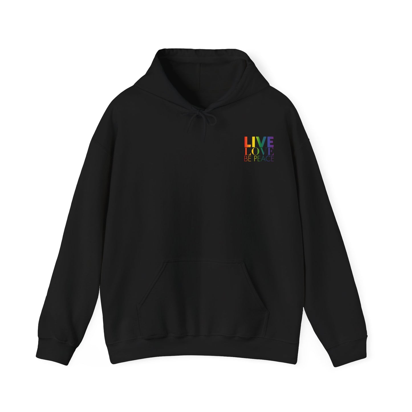 Live Love Be Peace RESIST hoodie with Live Love Be Peace logo on front in rainbow on black
