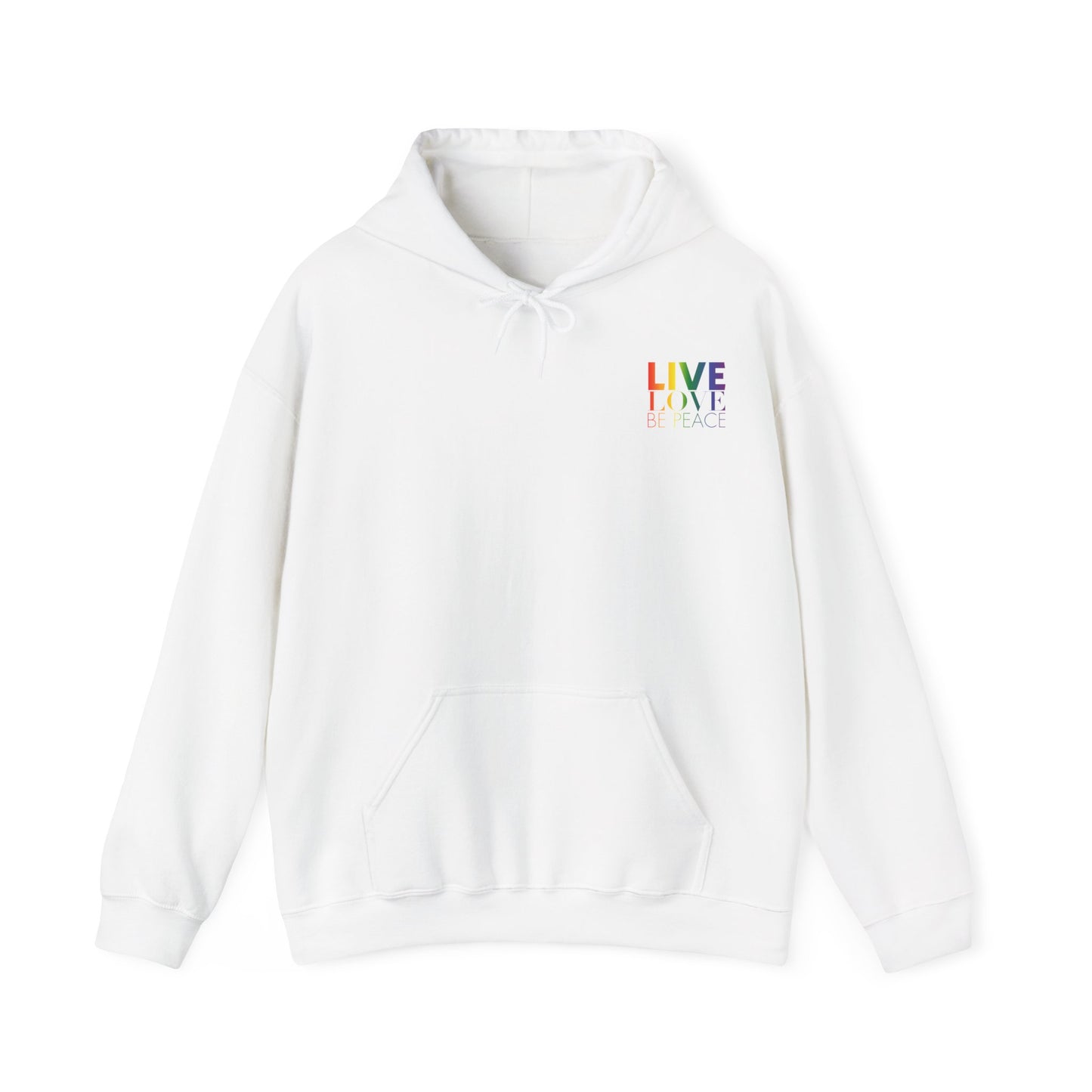 Live Love Be Peace RESIST hoodie with Live Love Be Peace logo on front in rainbow on white