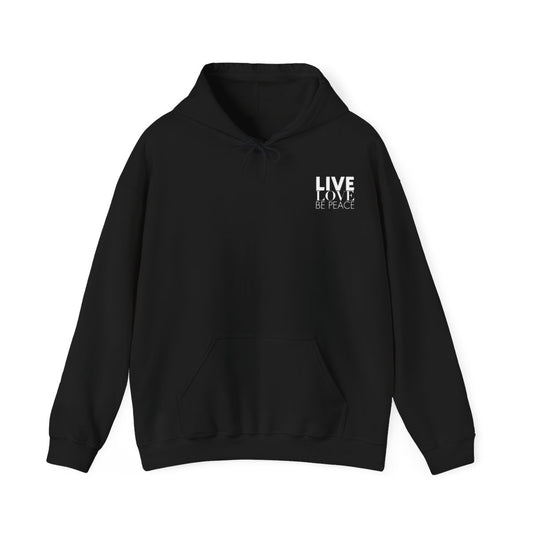 Live Love Be Peace RESIST hoodie with Live Love Be Peace logo on front in white on black