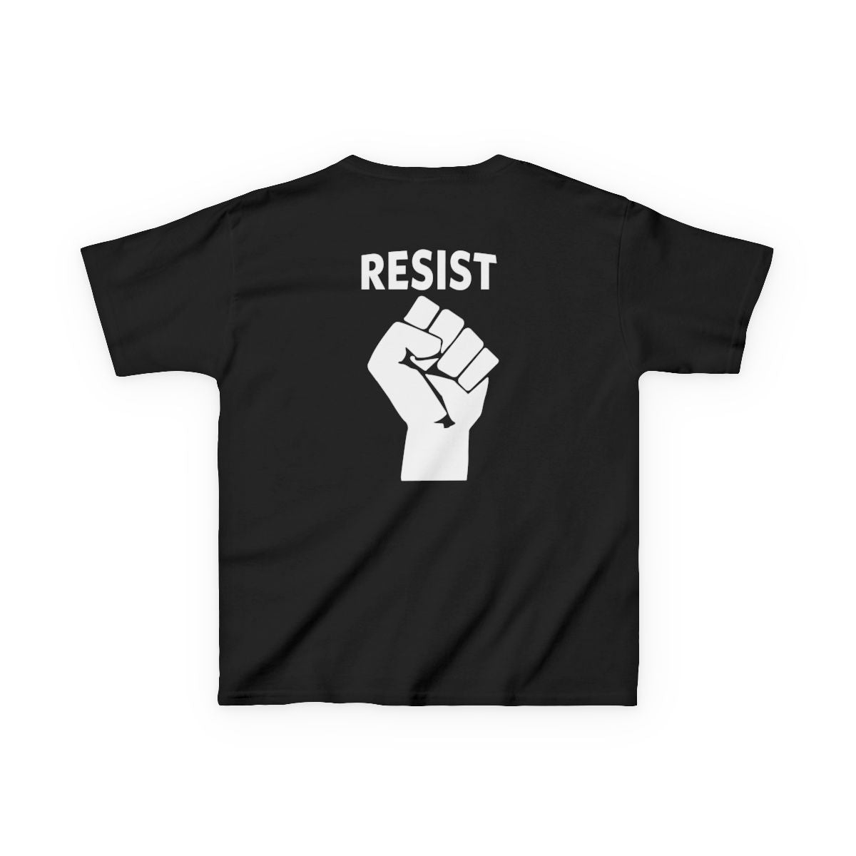 Live Love Be Peace RESIST back print kids t shirt in white on black