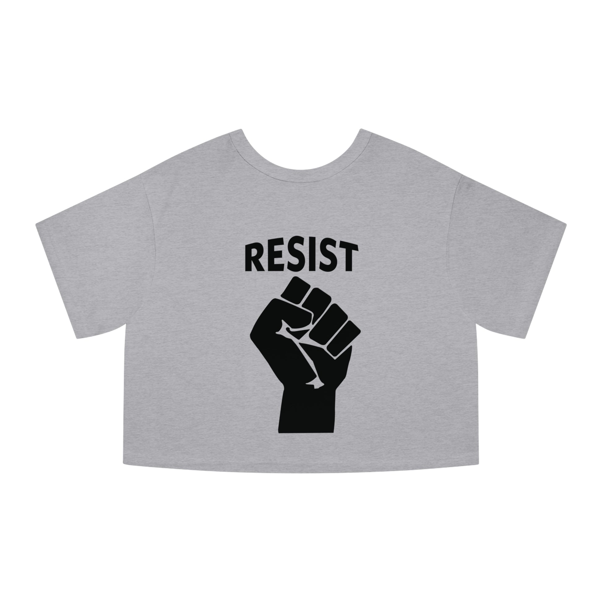 'RESIST' Fist Design on 'Live Love Be Peace' Crop Top T-Shirt Black on Oxford Grey Back