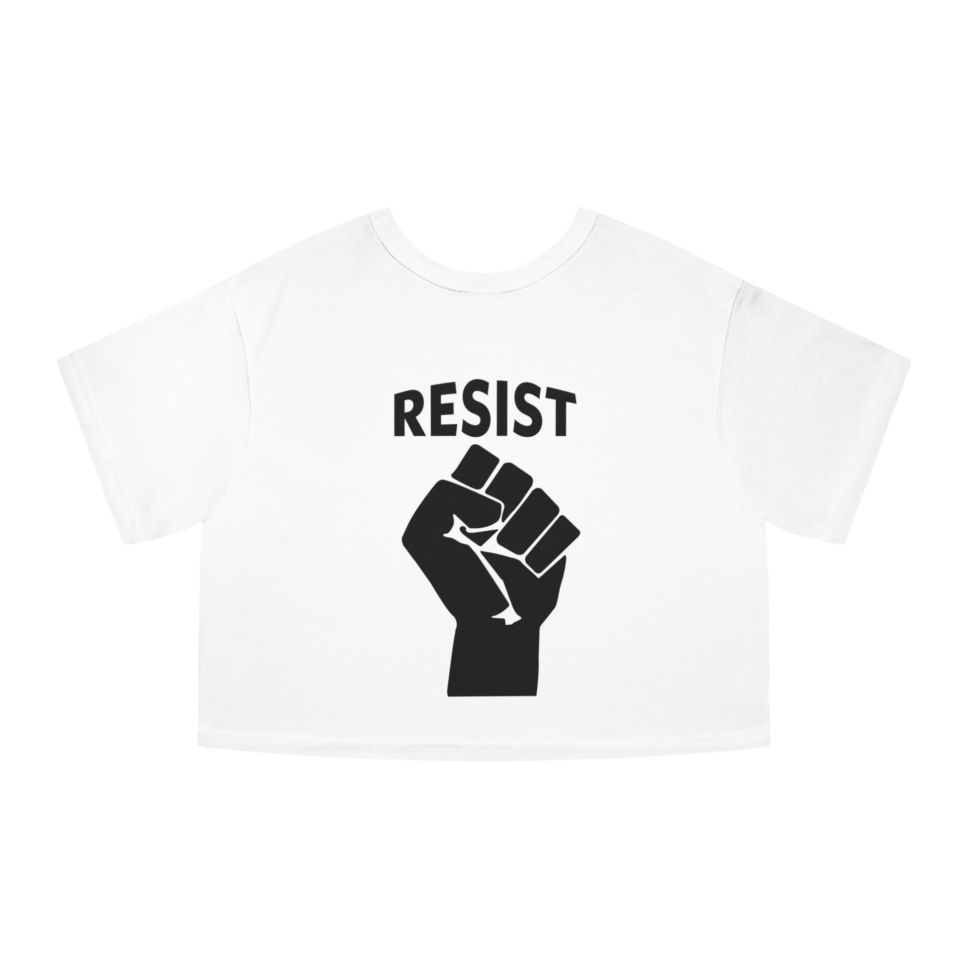 'RESIST' Fist Design on 'Live Love Be Peace' Crop Top T-Shirt Black on White Back