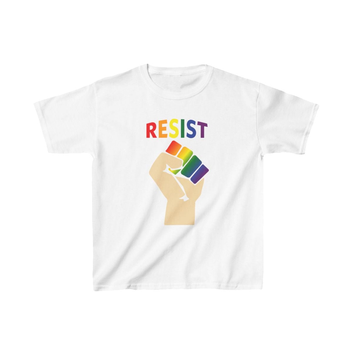 Live Love Be Peace RESIST kids t shirt in rainbow on white