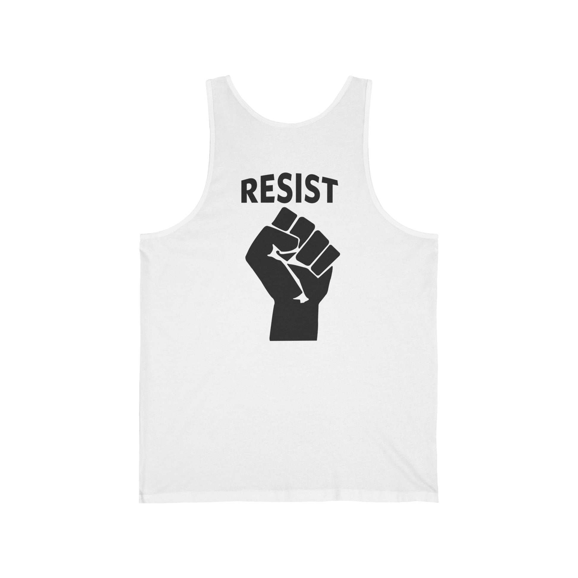 'Live Love Be Peace' and 'RESIST' Tank Top in Black on White Back.