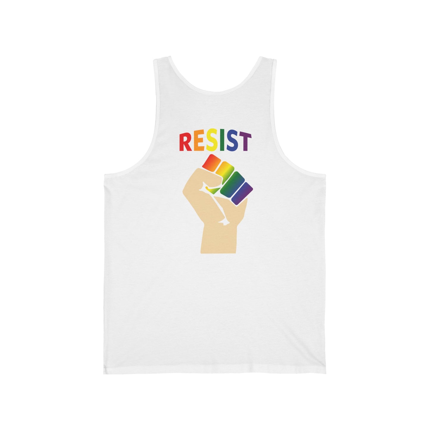 'Live Love Be Peace' and 'RESIST' Tank Top in Rainbow on White Back.