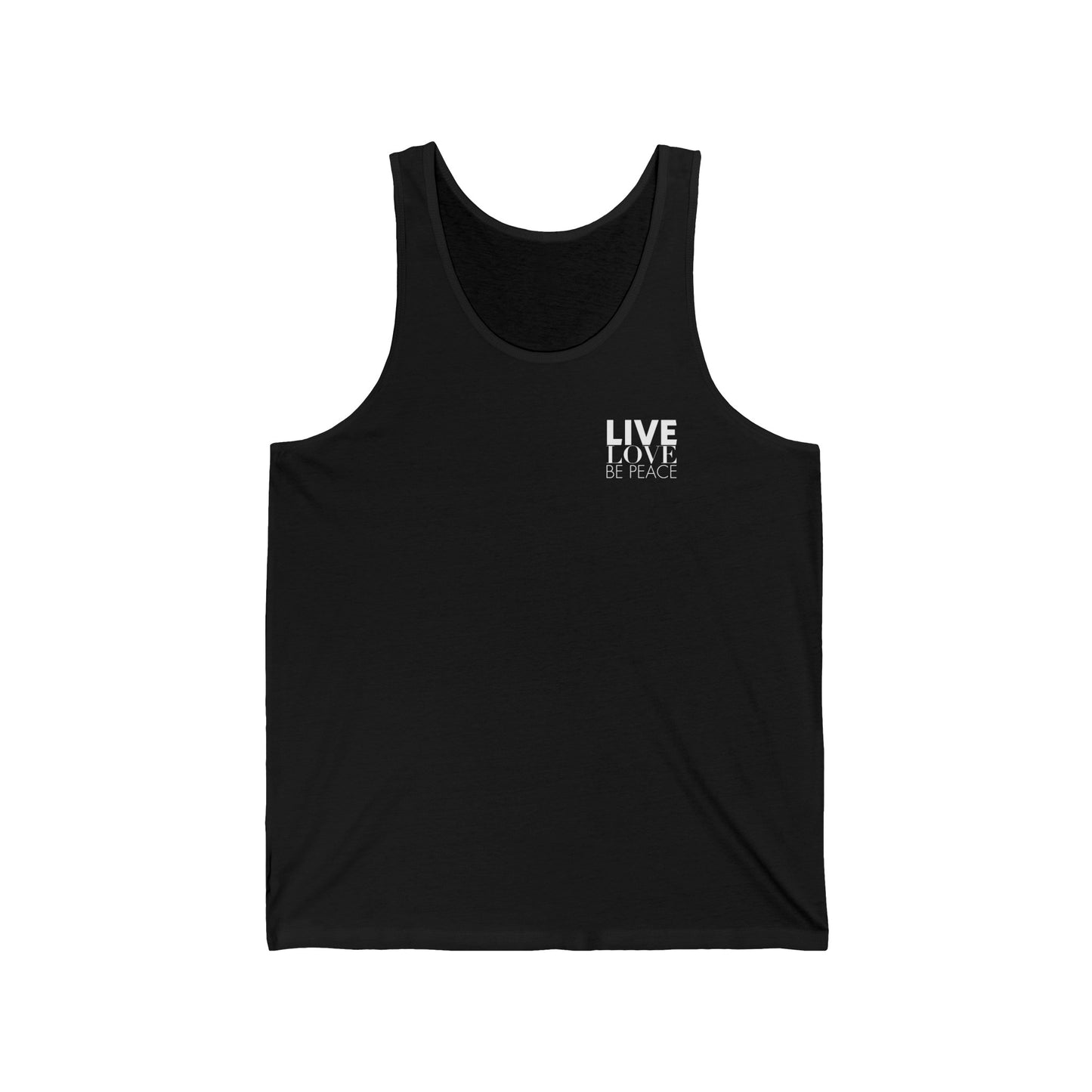 'Live Love Be Peace' and 'RESIST' Tank Top in White on Black Front.