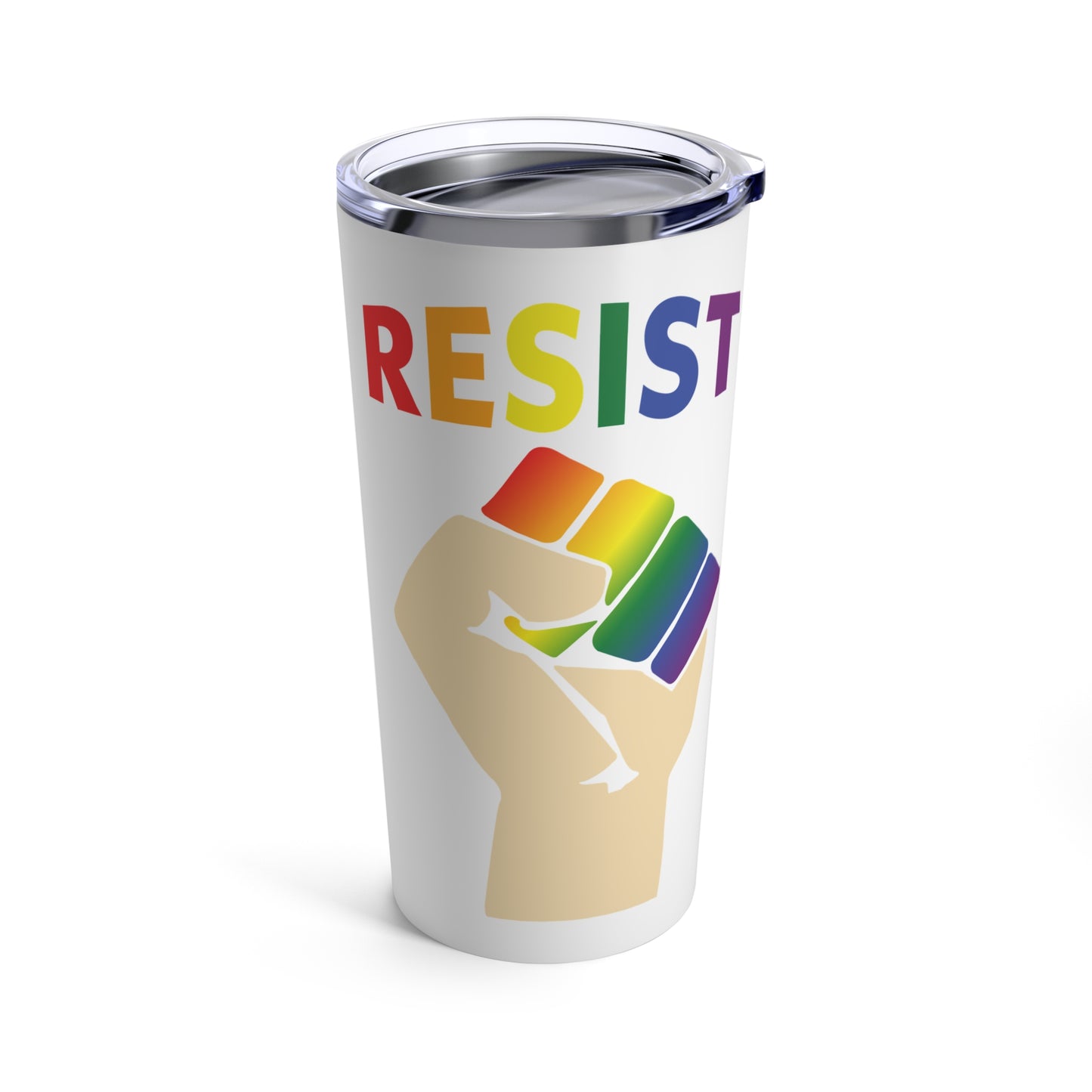 Live Love Be Peace Resist 20oz insulated tumbler in rainbow on white with secure lid and double-wall design for hot and cold beverages
