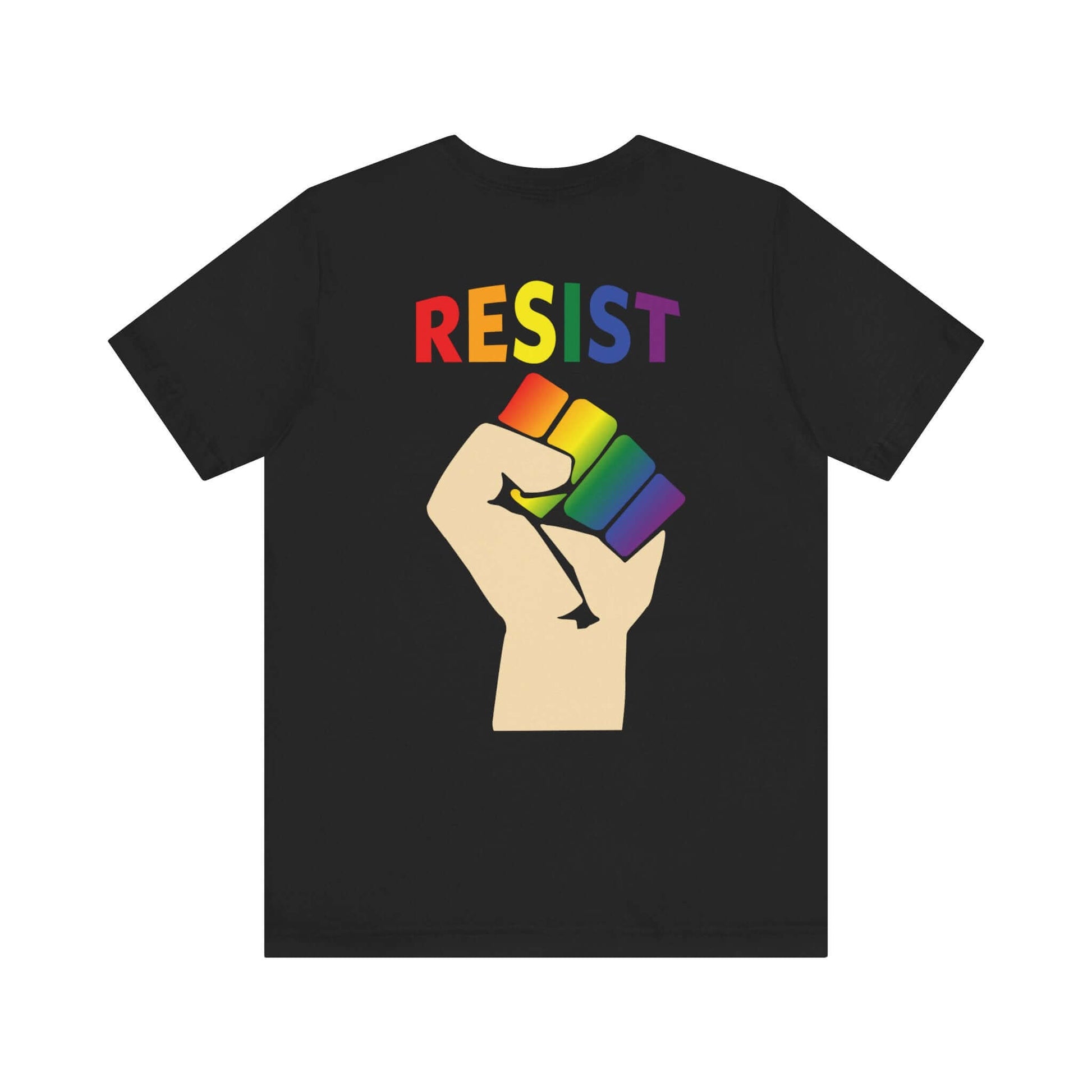Live Love Be Peace Resist Dual Design Tee – black shirt with rainbow print, back