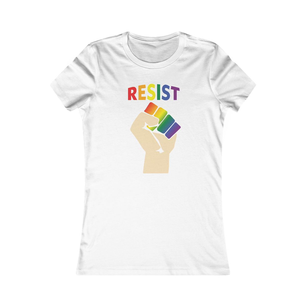 Live Love Be Peace RESIST women’s t shirt in rainbow on white
