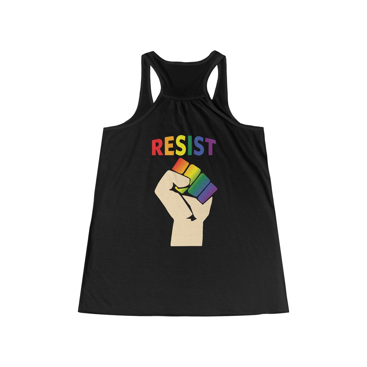 Live Love Be Peace and Resist Women's Tank Top Rainbow on Black Back.