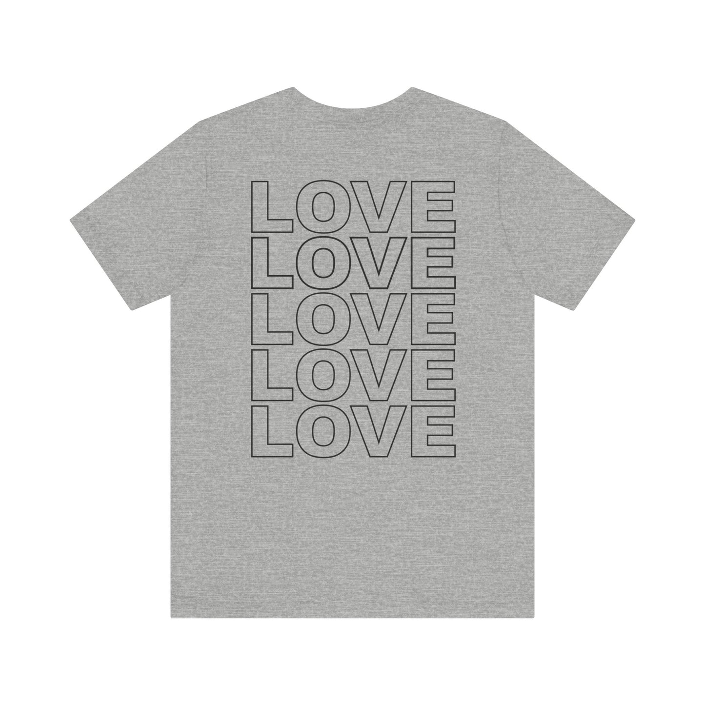 Back of Live Love Be Peace unisex t-shirt with logo over heart in black on grey