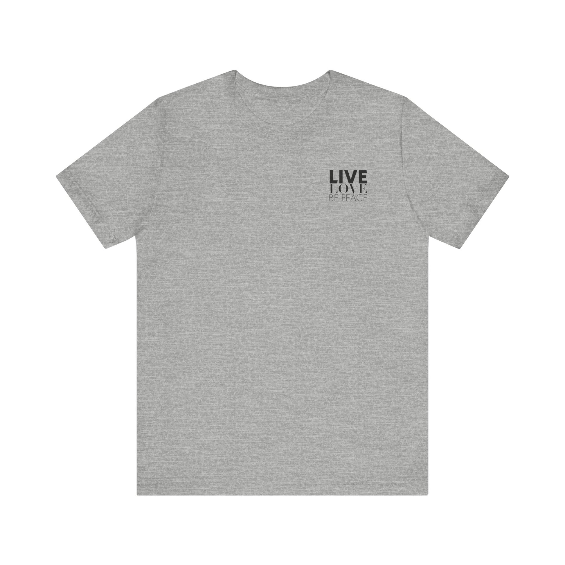 Front of Live Love Be Peace unisex t-shirt with logo over heart in black on grey