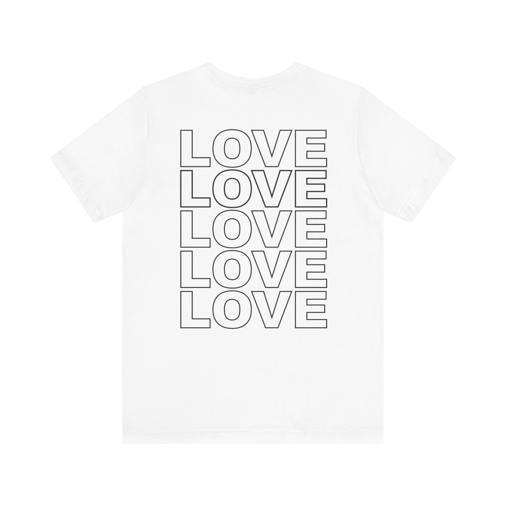 Back of Live Love Be Peace unisex t-shirt with logo over heart in black on white