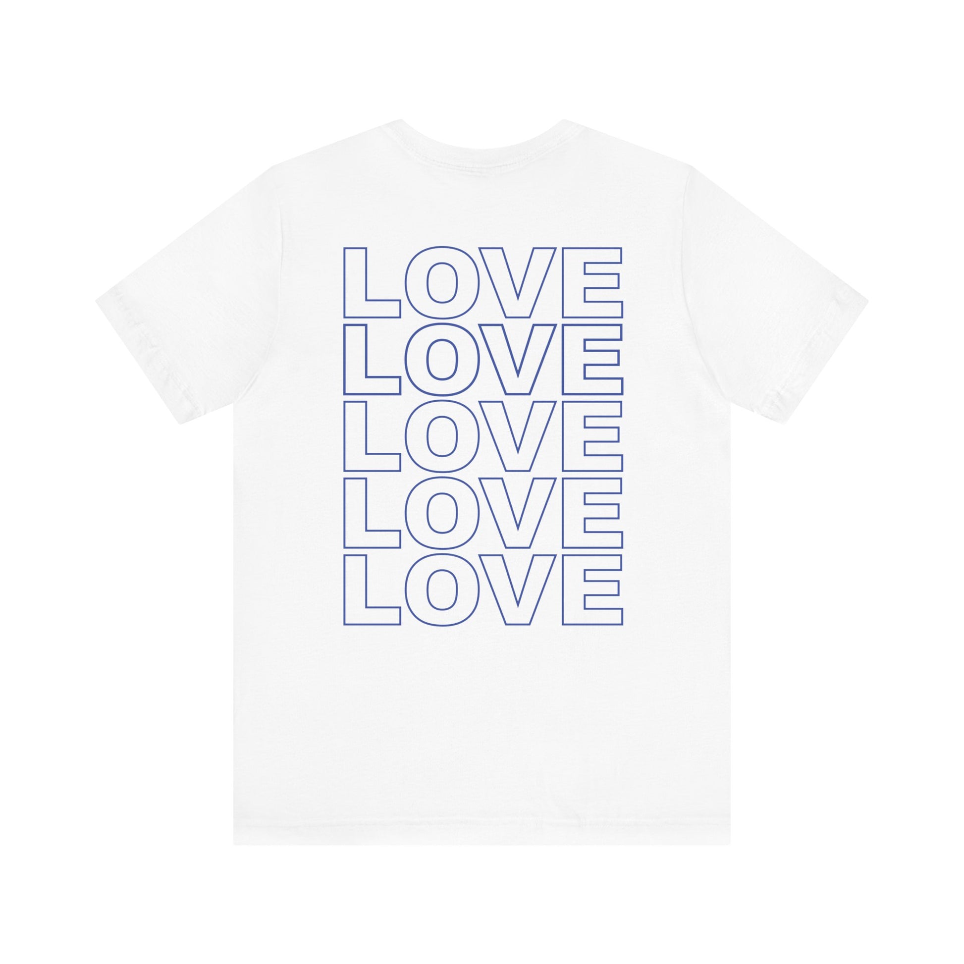 Back of Live Love Be Peace unisex t-shirt with logo over heart in blue on white