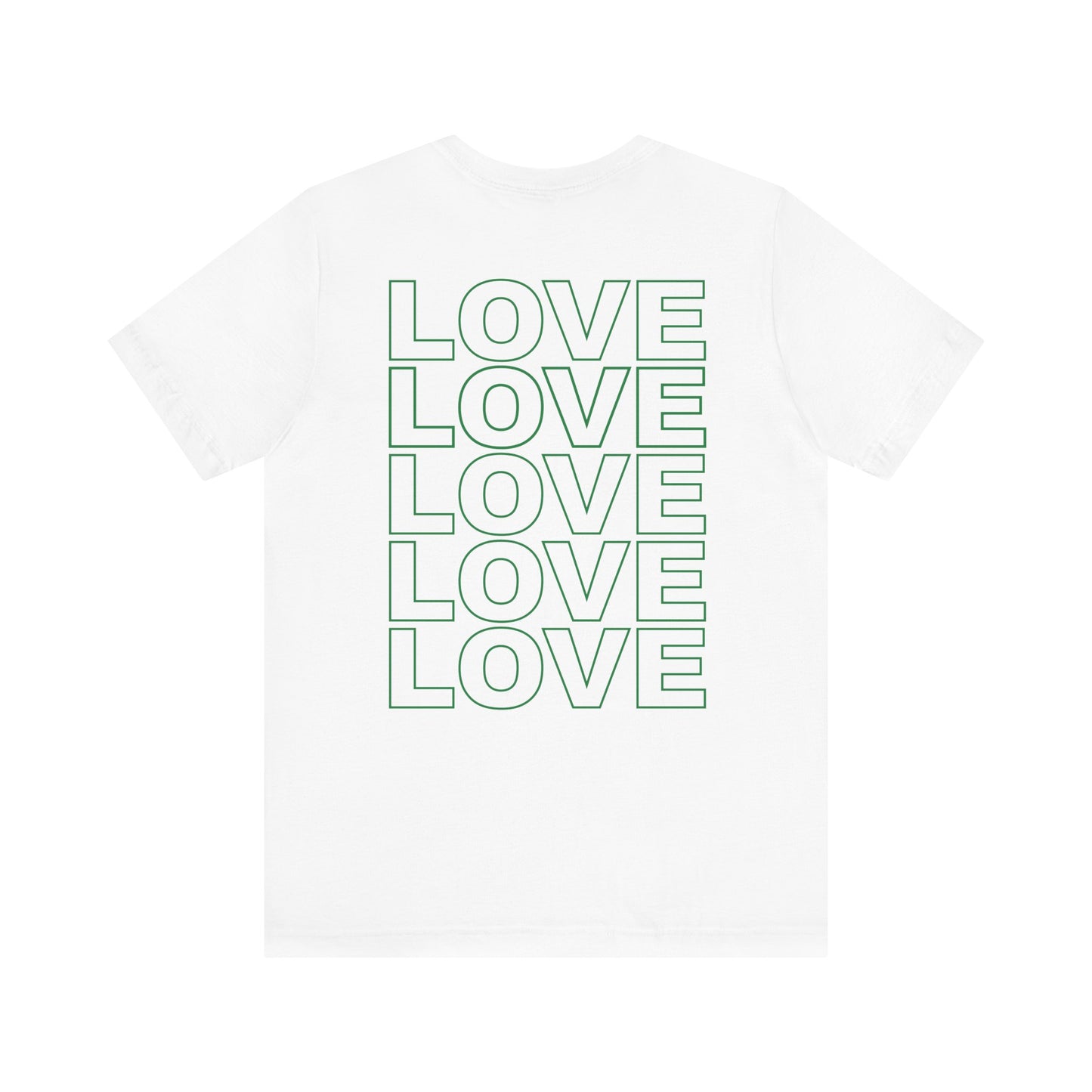 Back of Live Love Be Peace unisex t-shirt with logo over heart in green on white