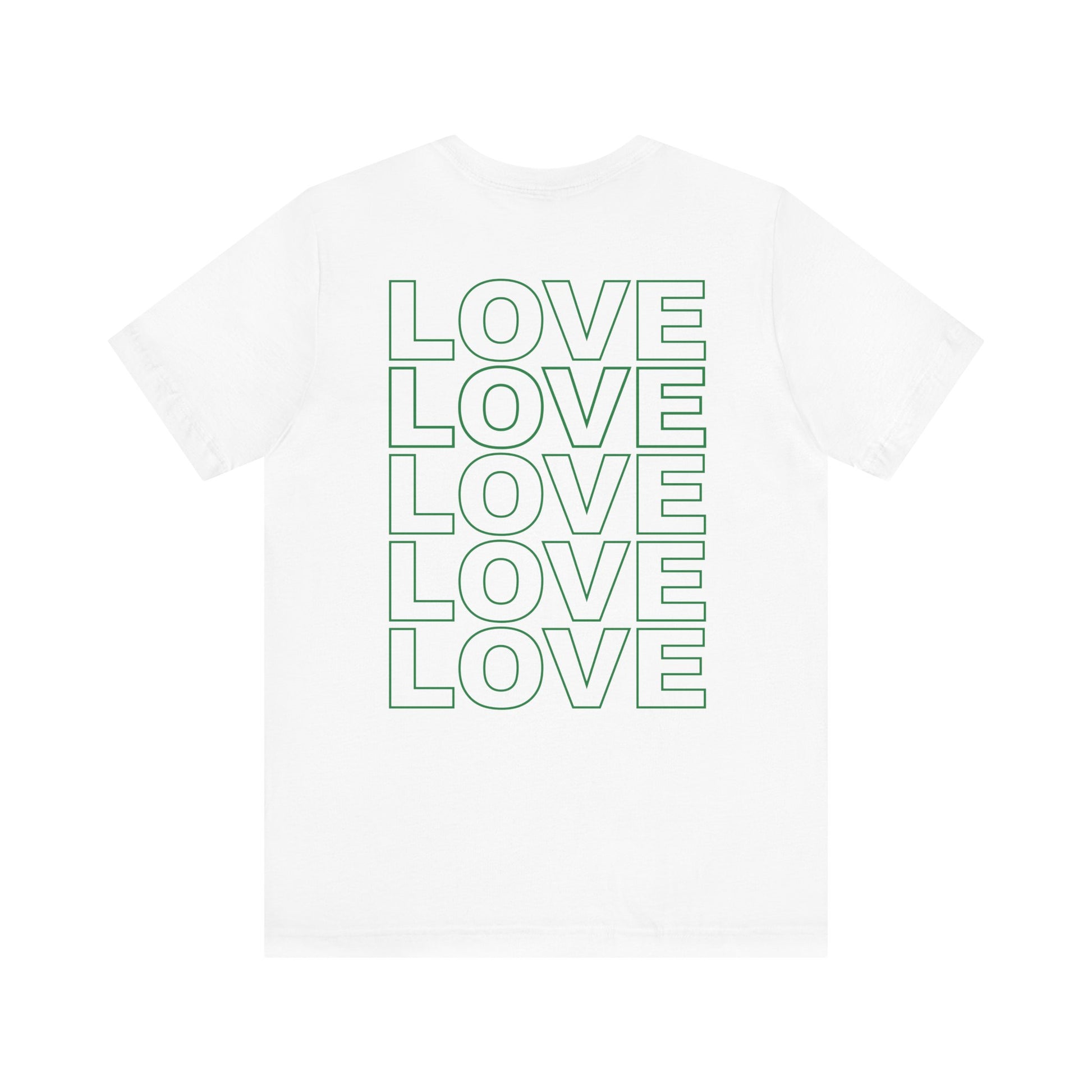 Back of Live Love Be Peace unisex t-shirt with logo over heart in green on white