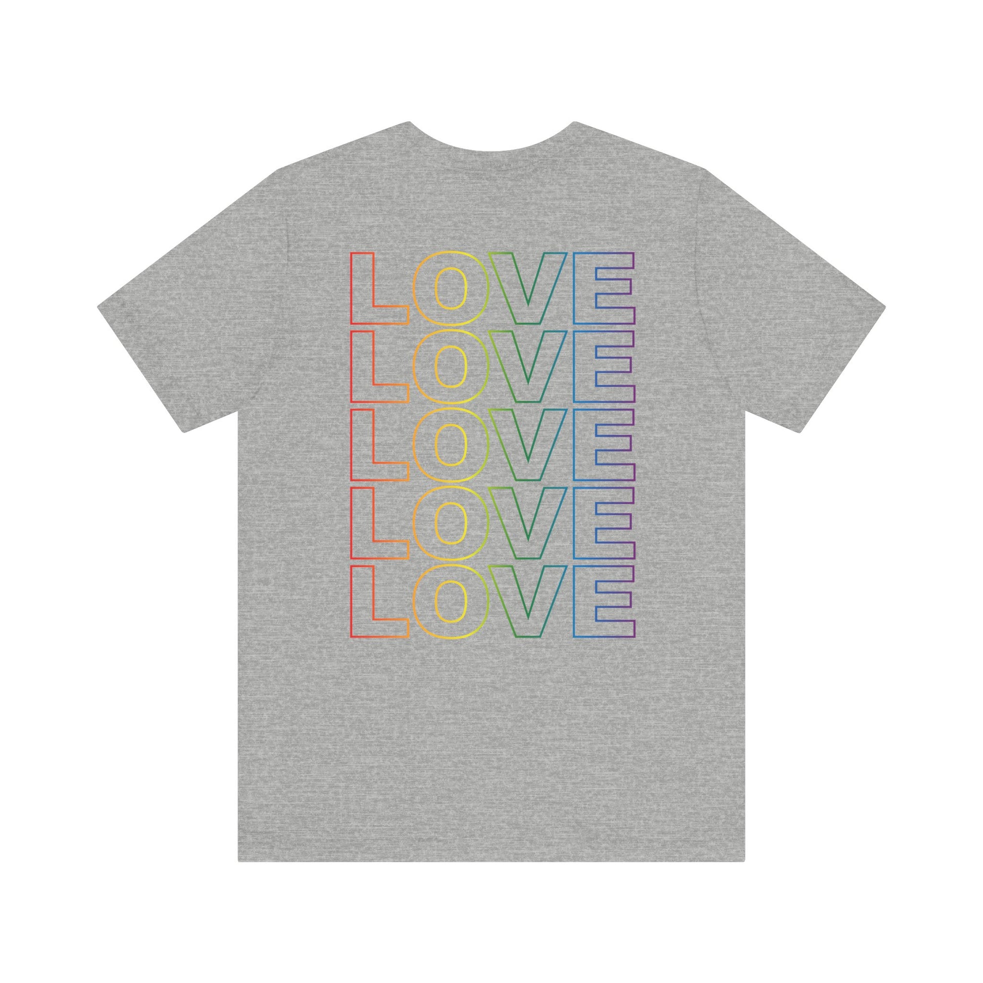 Back of Live Love Be Peace unisex t-shirt with logo over heart in rainbow on grey