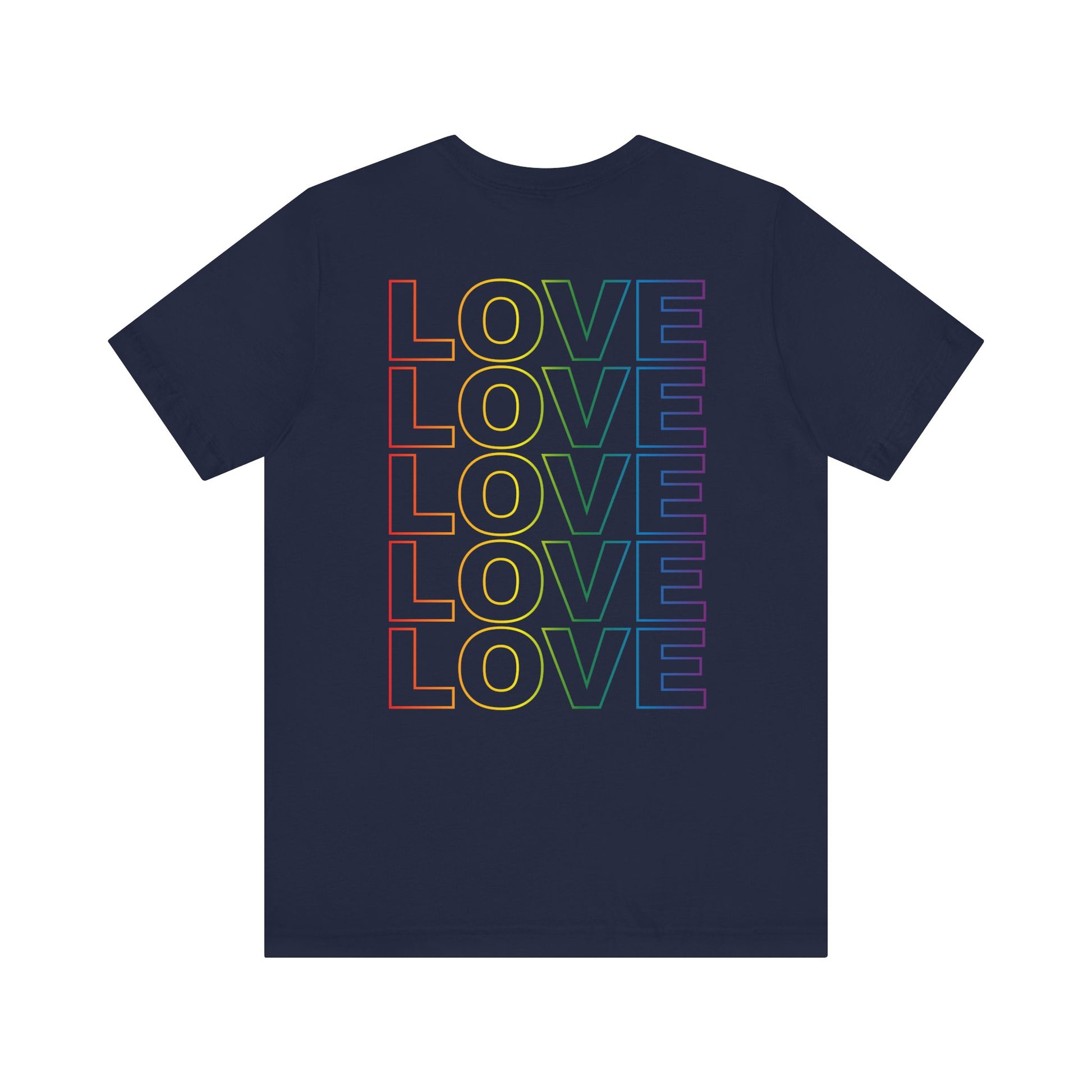 Back of Live Love Be Peace unisex t-shirt with logo over heart in rainbow on navy