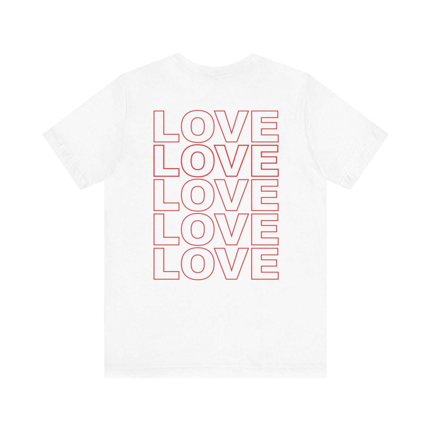 Back of Live Love Be Peace unisex t-shirt with logo over heart in red on white