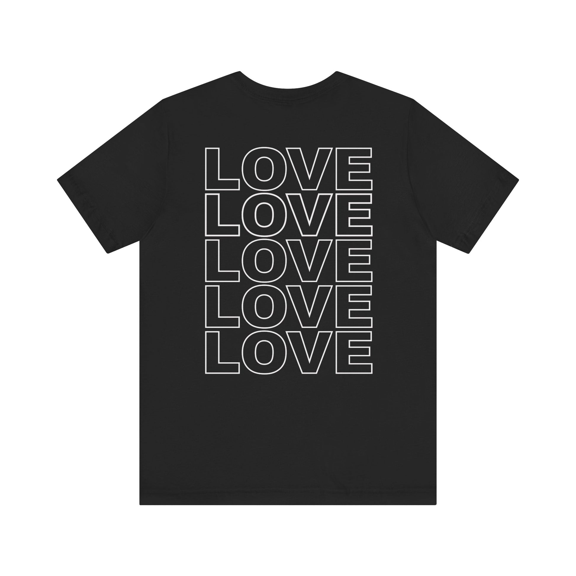 Back of Live Love Be Peace unisex t-shirt with logo over heart in white on black