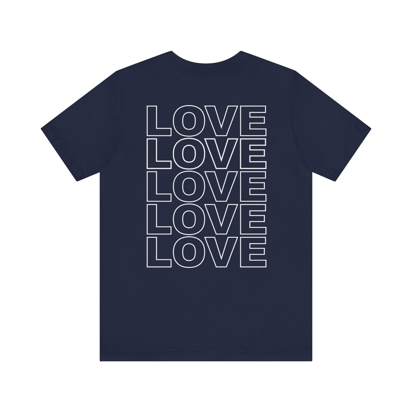Back of Live Love Be Peace unisex t-shirt with logo over heart in white on navy