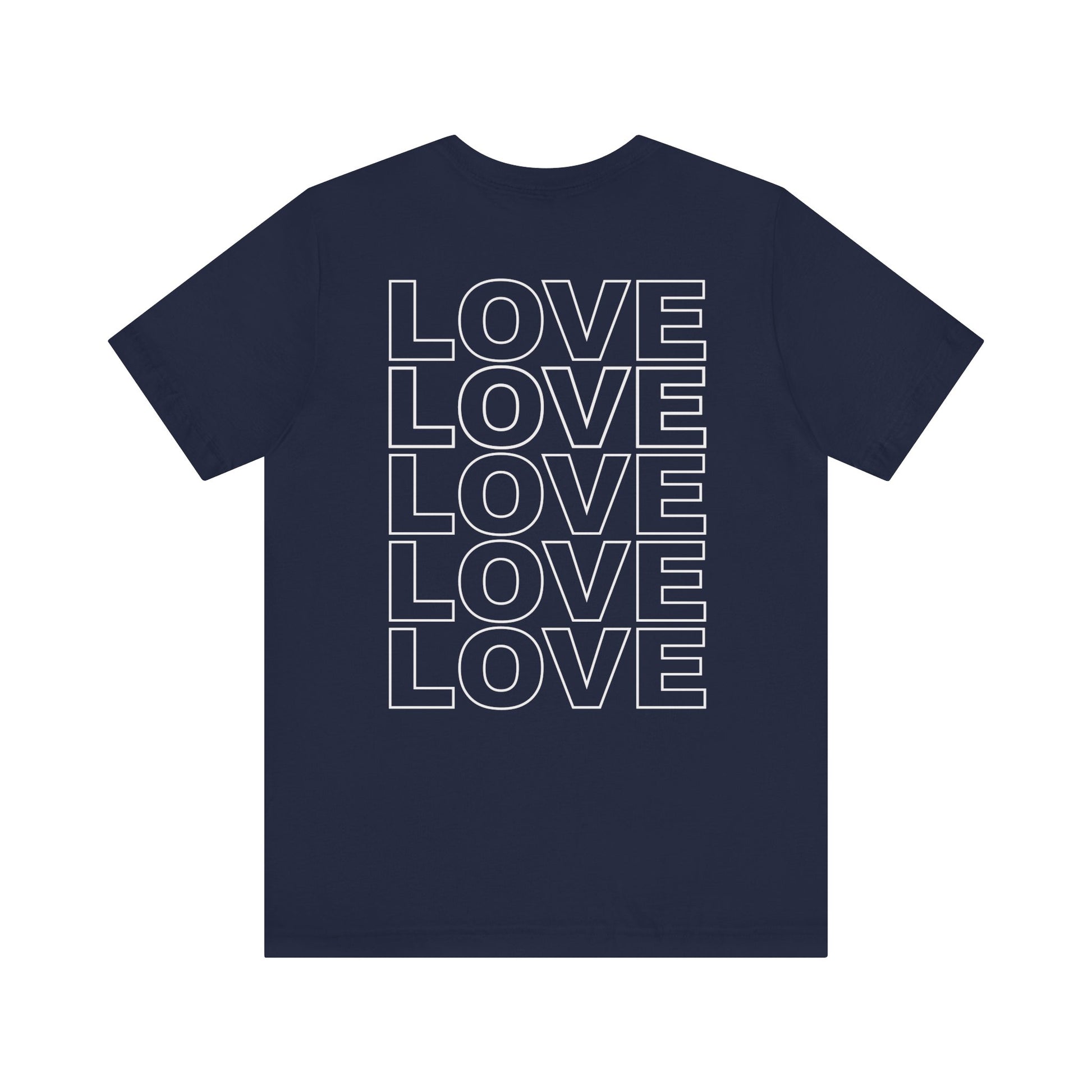 Back of Live Love Be Peace unisex t-shirt with logo over heart in white on navy