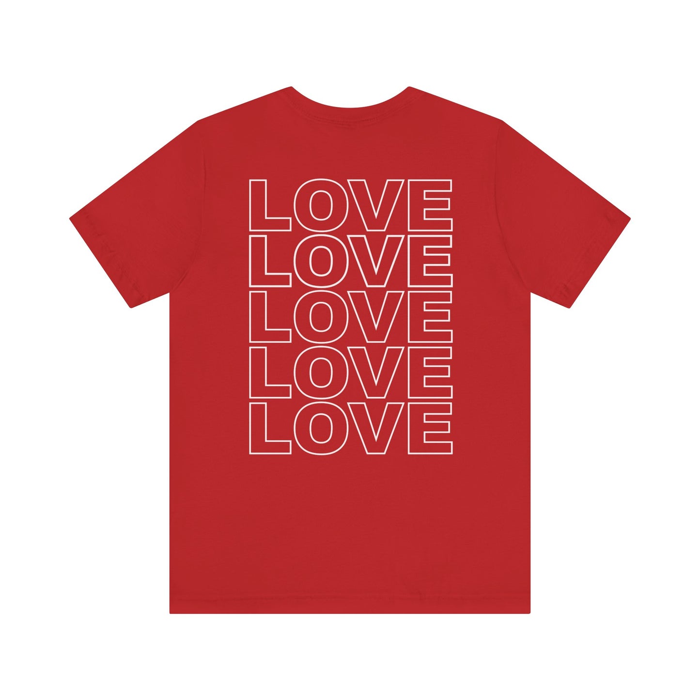 Back of Live Love Be Peace unisex t-shirt with logo over heart in white on red
