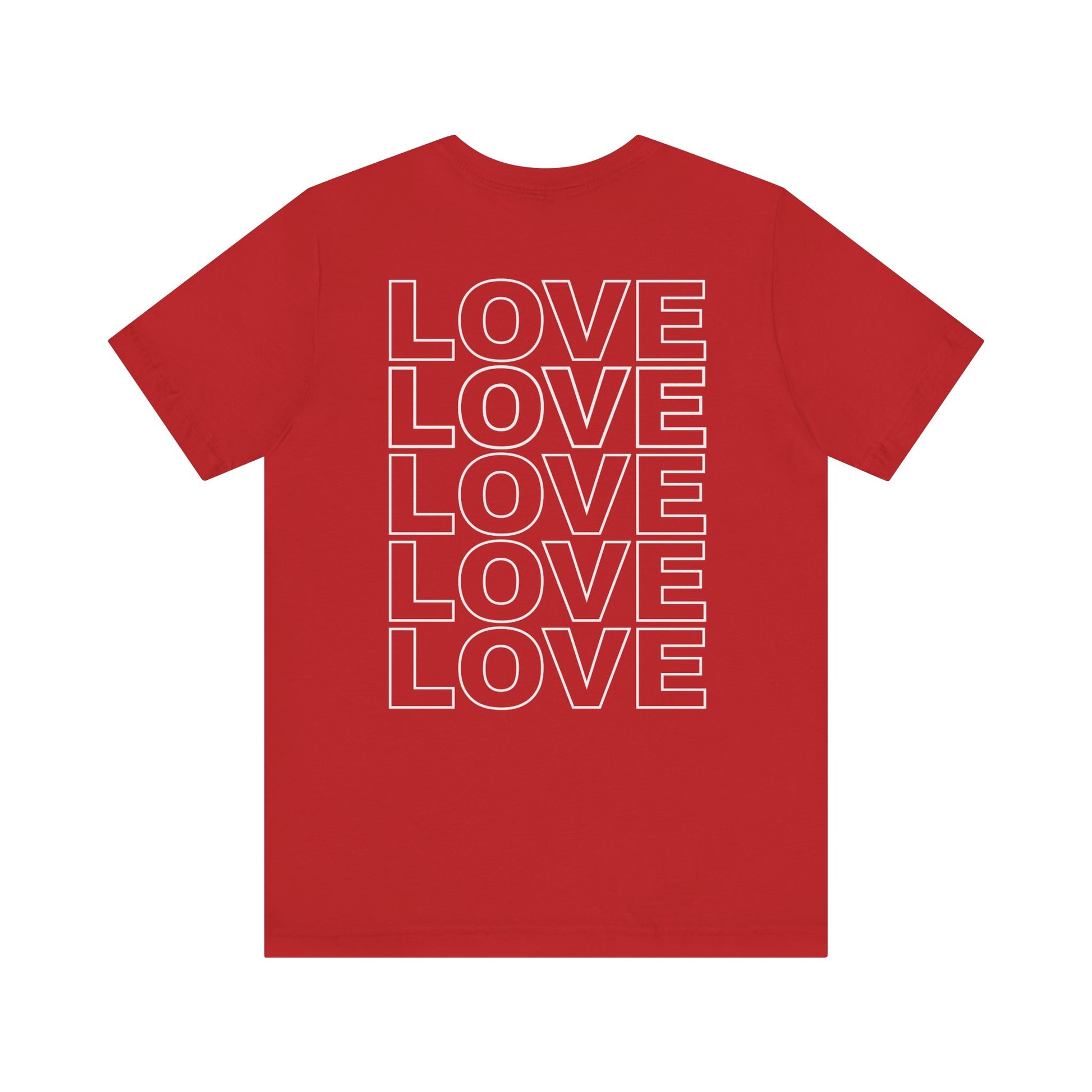 Back of Live Love Be Peace unisex t-shirt with logo over heart in white on red