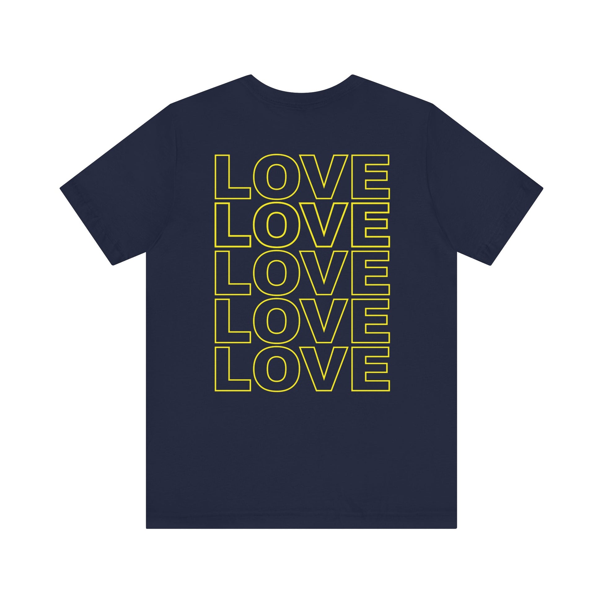 Back of Live Love Be Peace unisex t-shirt with logo over heart in yellow on navy