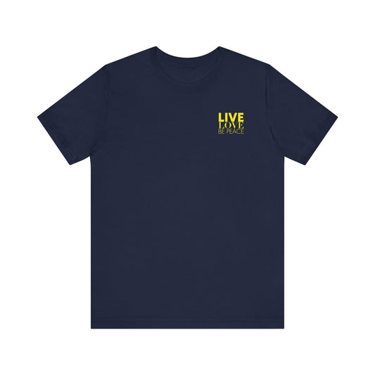 Front of Live Love Be Peace unisex t-shirt with logo over heart in yellow on navy