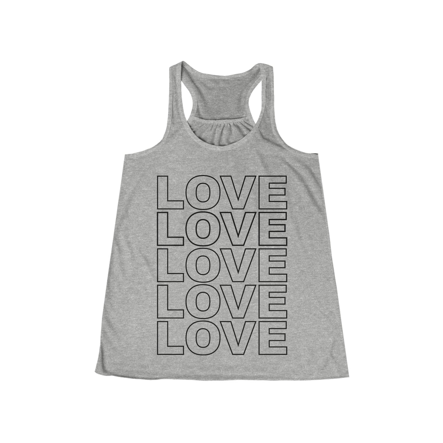 Love Stack Flowy Racerback Tank Black on Heather Grey