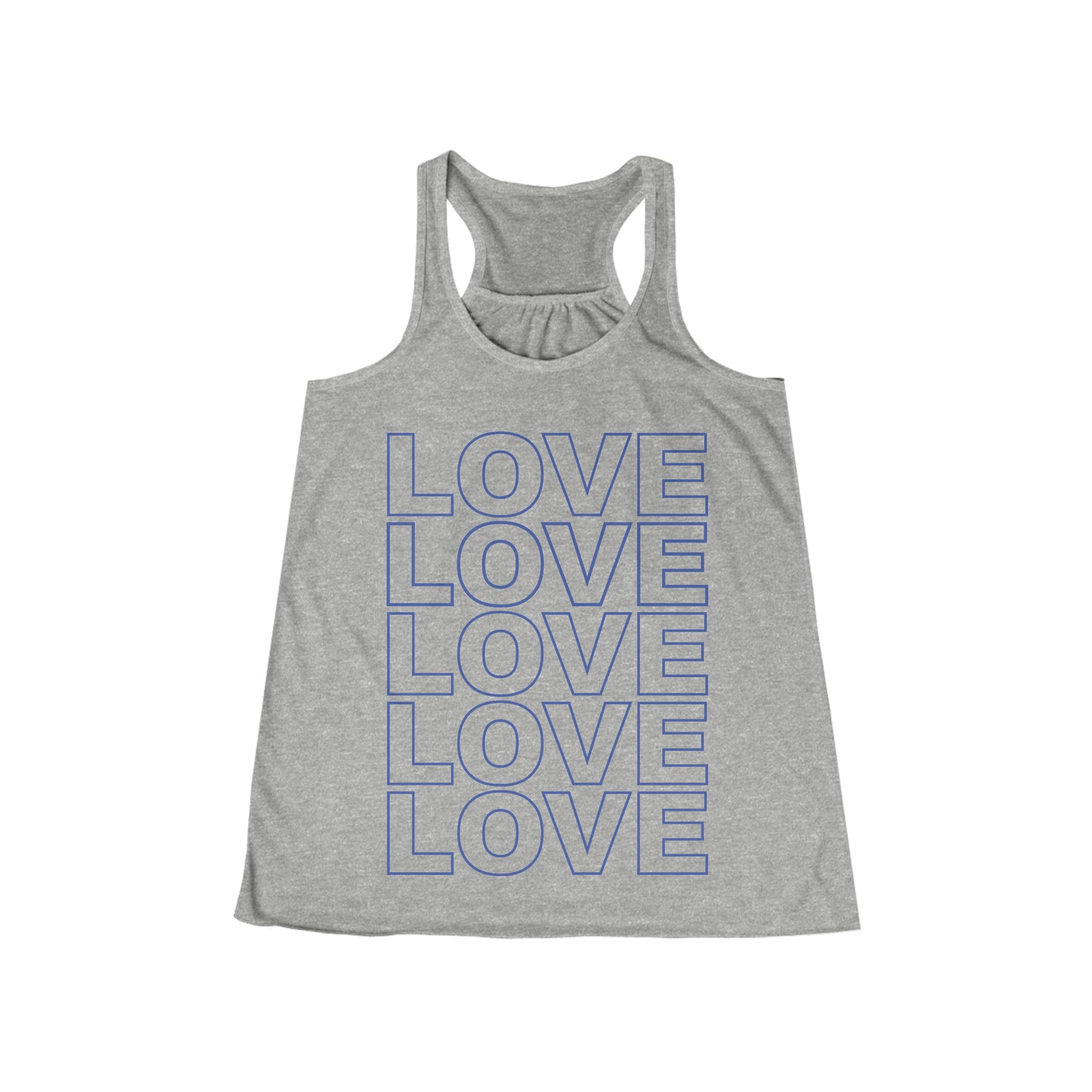 Love Stack Flowy Racerback Tank Blue on Heather Grey