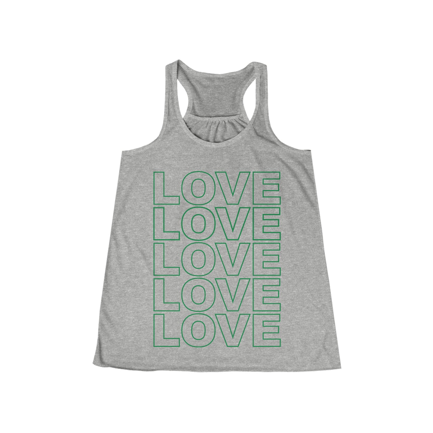 Love Stack Flowy Racerback Tank Green on Heather Grey.