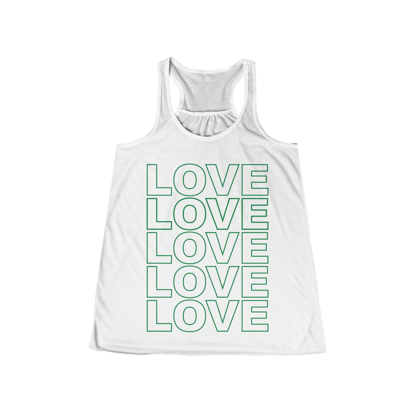 Love Stack Flowy Racerback Tank Green on White.