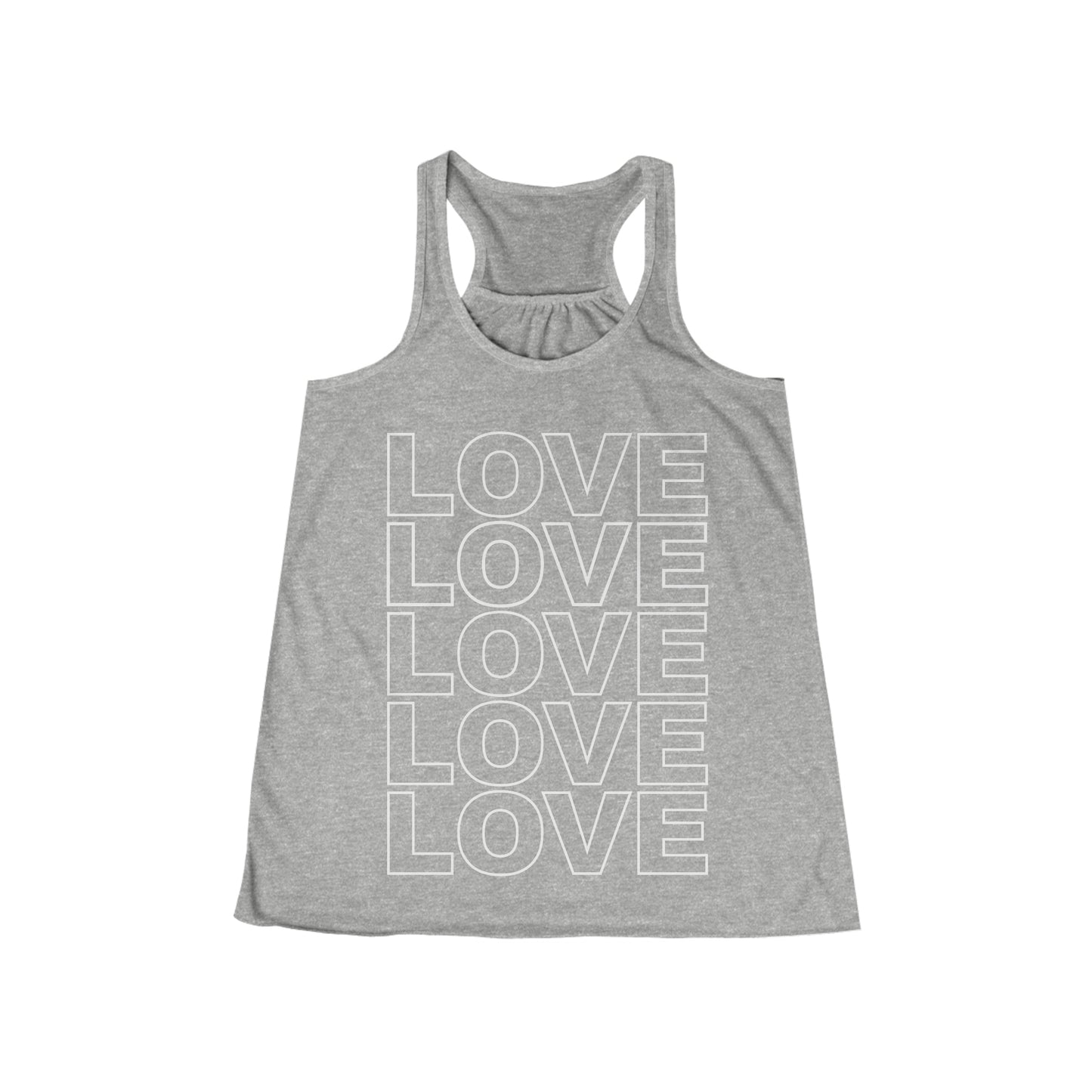 Love Stack Flowy Racerback Tank White on Heather Grey