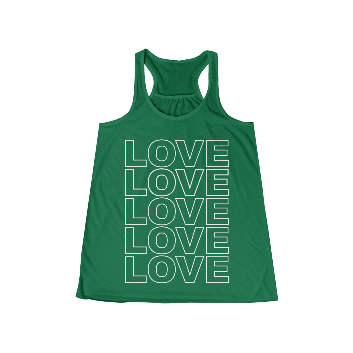 Love Stack Flowy Racerback Tank in White on Kelly Green