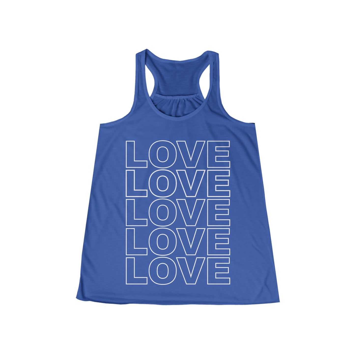 Love Stack Flowy Racerback Tank White on True Royal