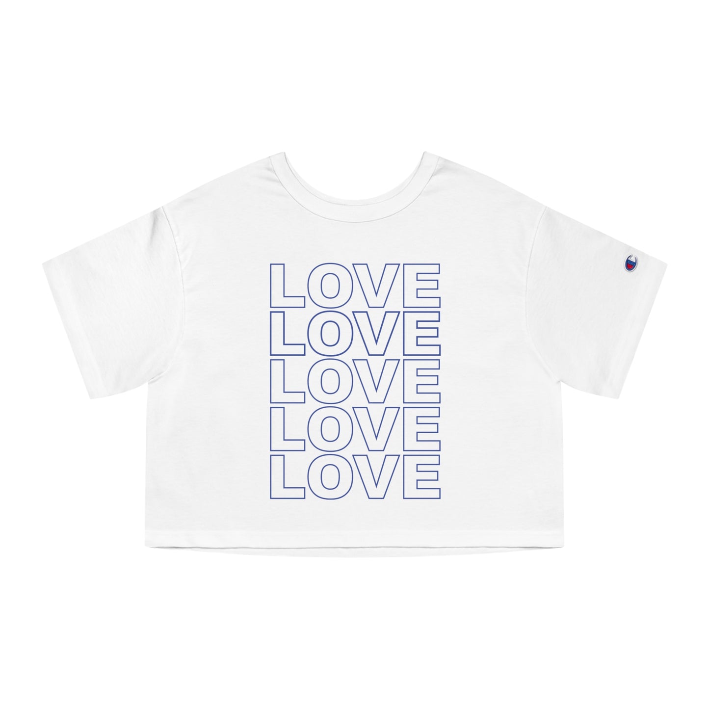 'LOVE' Stack Women's Crop Top in Blue on White.