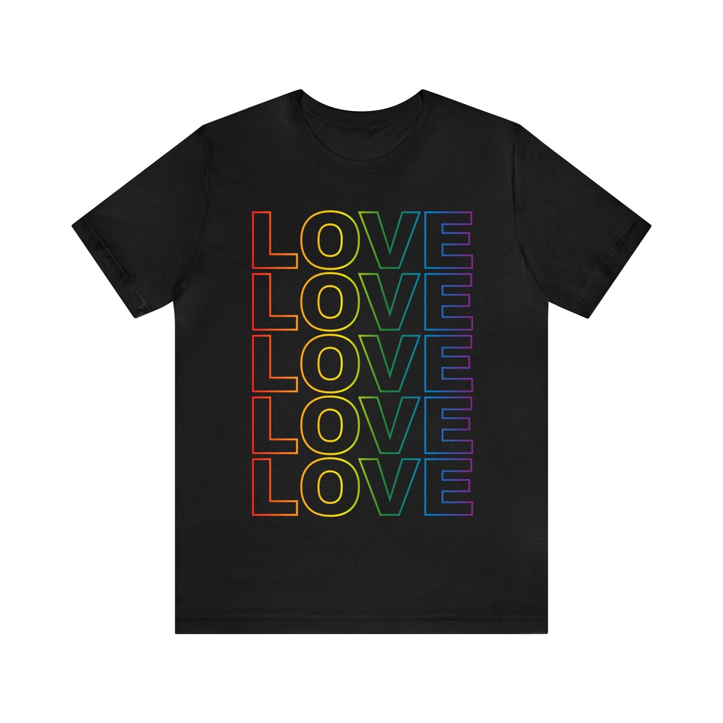 Unisex black t-shirt with stacked LOVE graphic in rainbow, shown on front