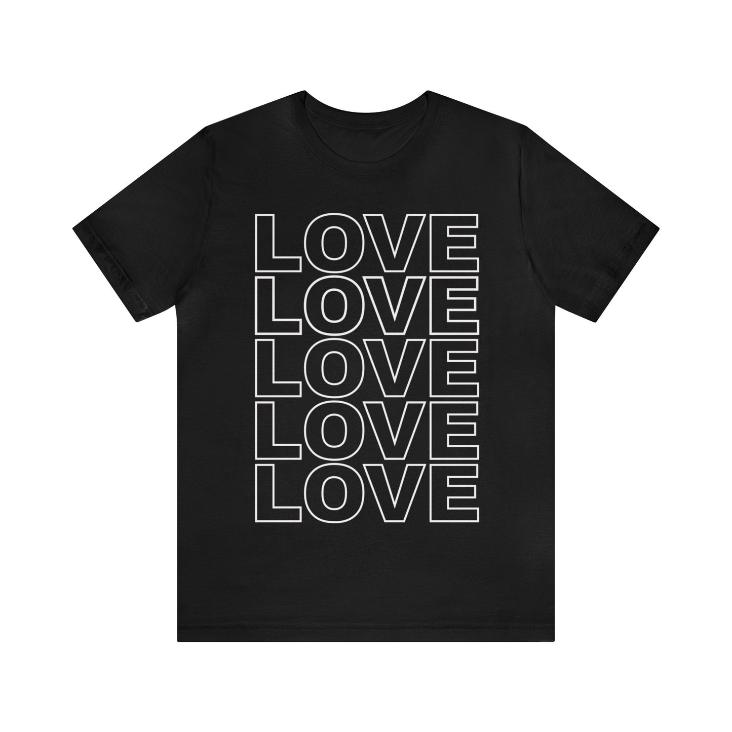 Unisex blue t-shirt with stacked LOVE graphic in white on black, shown on front