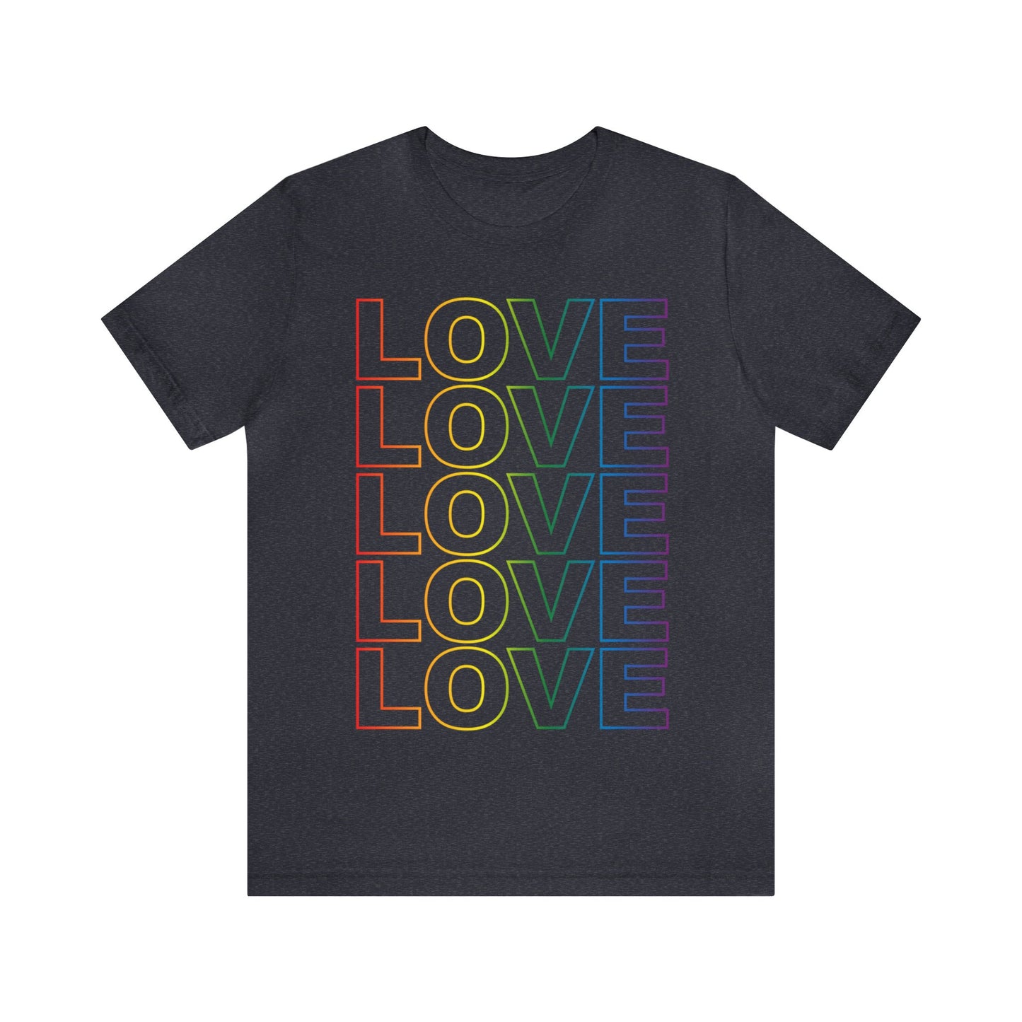 Unisex heather navy t-shirt with stacked LOVE graphic in rainbow, shown on front