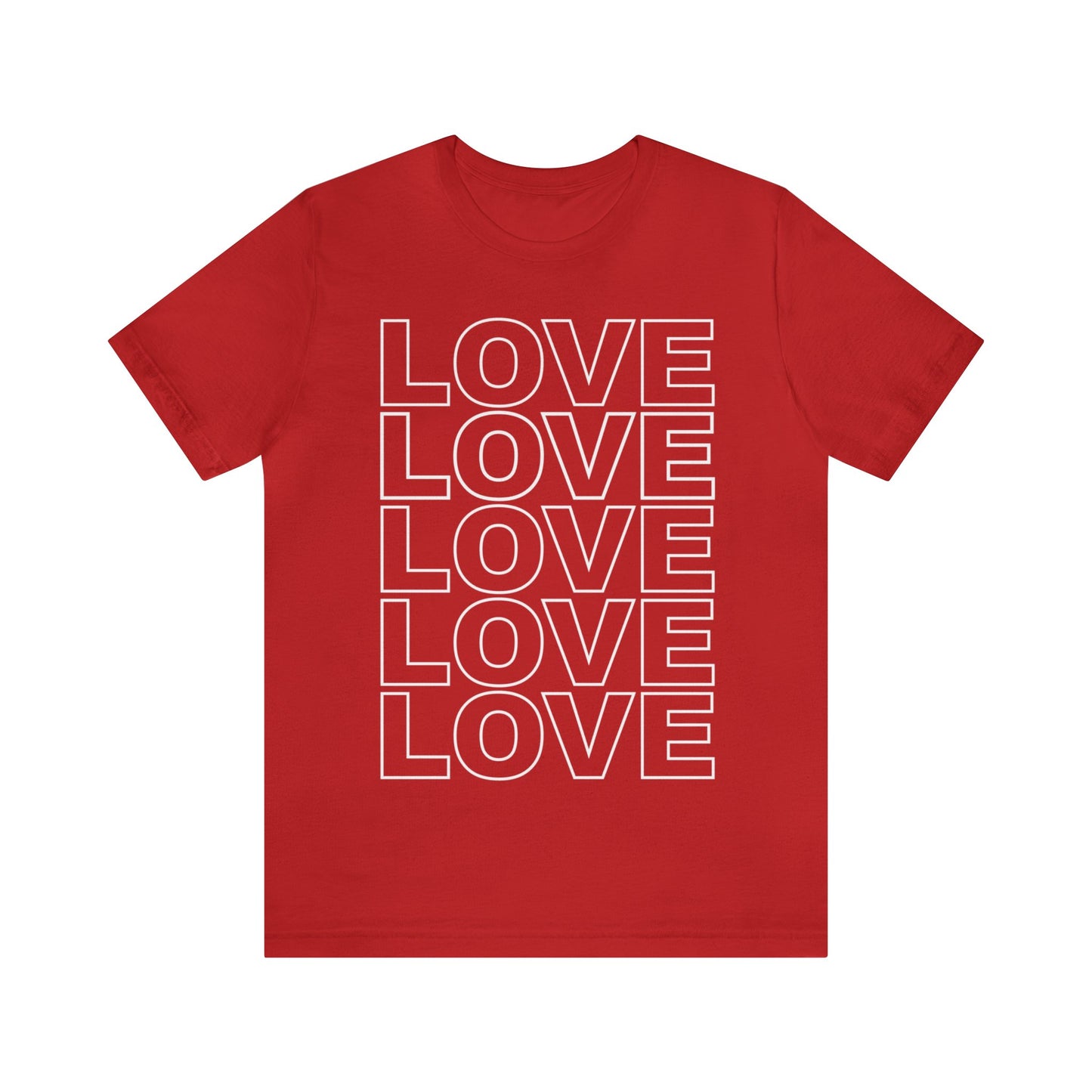 Unisex blue t-shirt with stacked LOVE graphic in white on red, shown on front