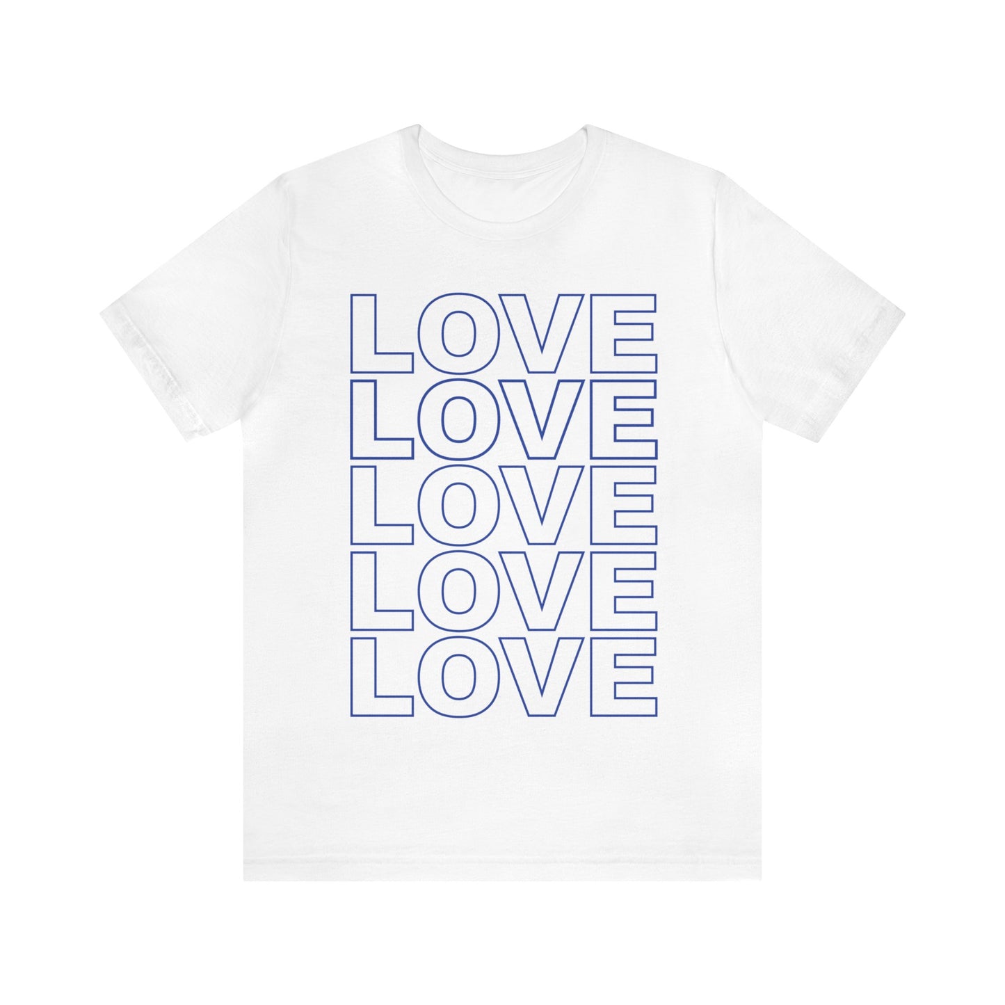 Unisex white t-shirt with stacked LOVE graphic in blue, shown on front