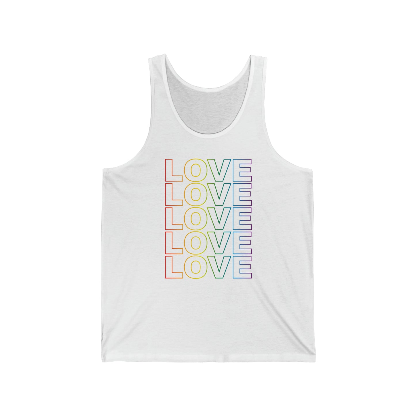 LOVE Unisex Tank Top in Rainbow on White - Social Justice Apparel by Live Love Be Peace