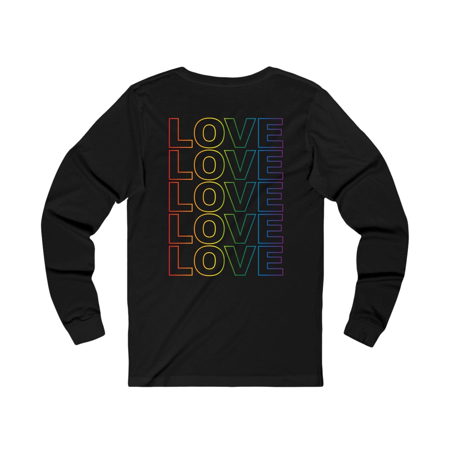 Pride Live Love Be Peace and LOVE Long Sleeve T-shirt in Rainbow on Black Back