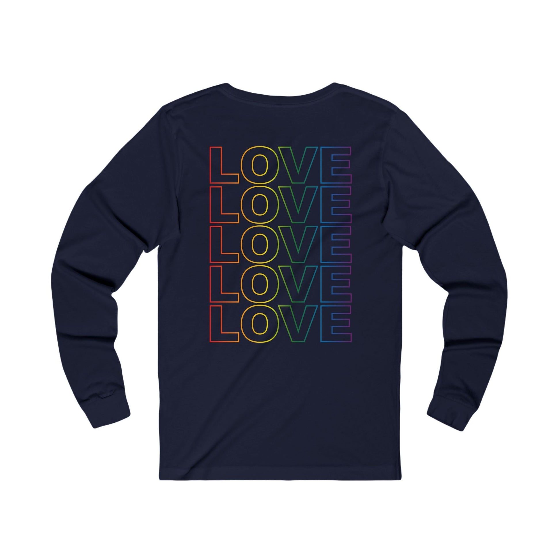 Pride Live Love Be Peace and LOVE Long Sleeve T-shirt in Rainbow on Black Navy Back