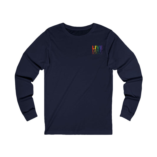 Pride Live Love Be Peace and LOVE Long Sleeve T-shirt in Rainbow on Navy Front